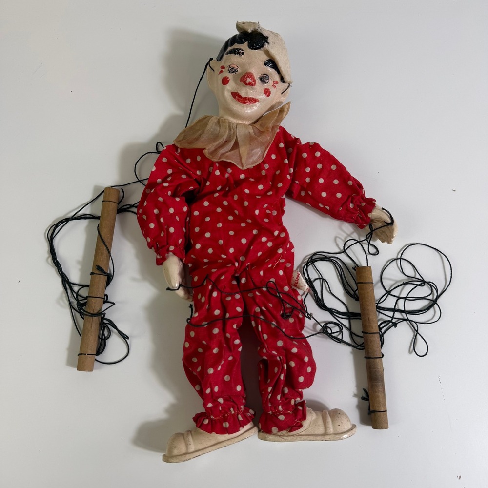 Vintage Clippo 1936 Clown Marionette Puppet Red Polka Dot Hand Painted Antique